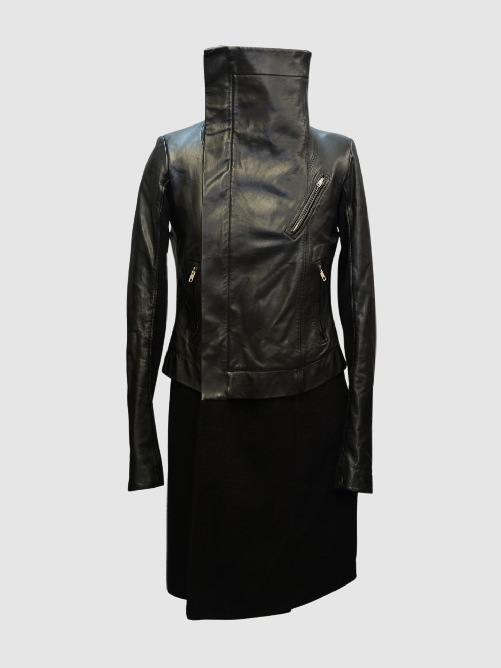 Schwarzer Leder-Kaschmirmantel von Rick Owens