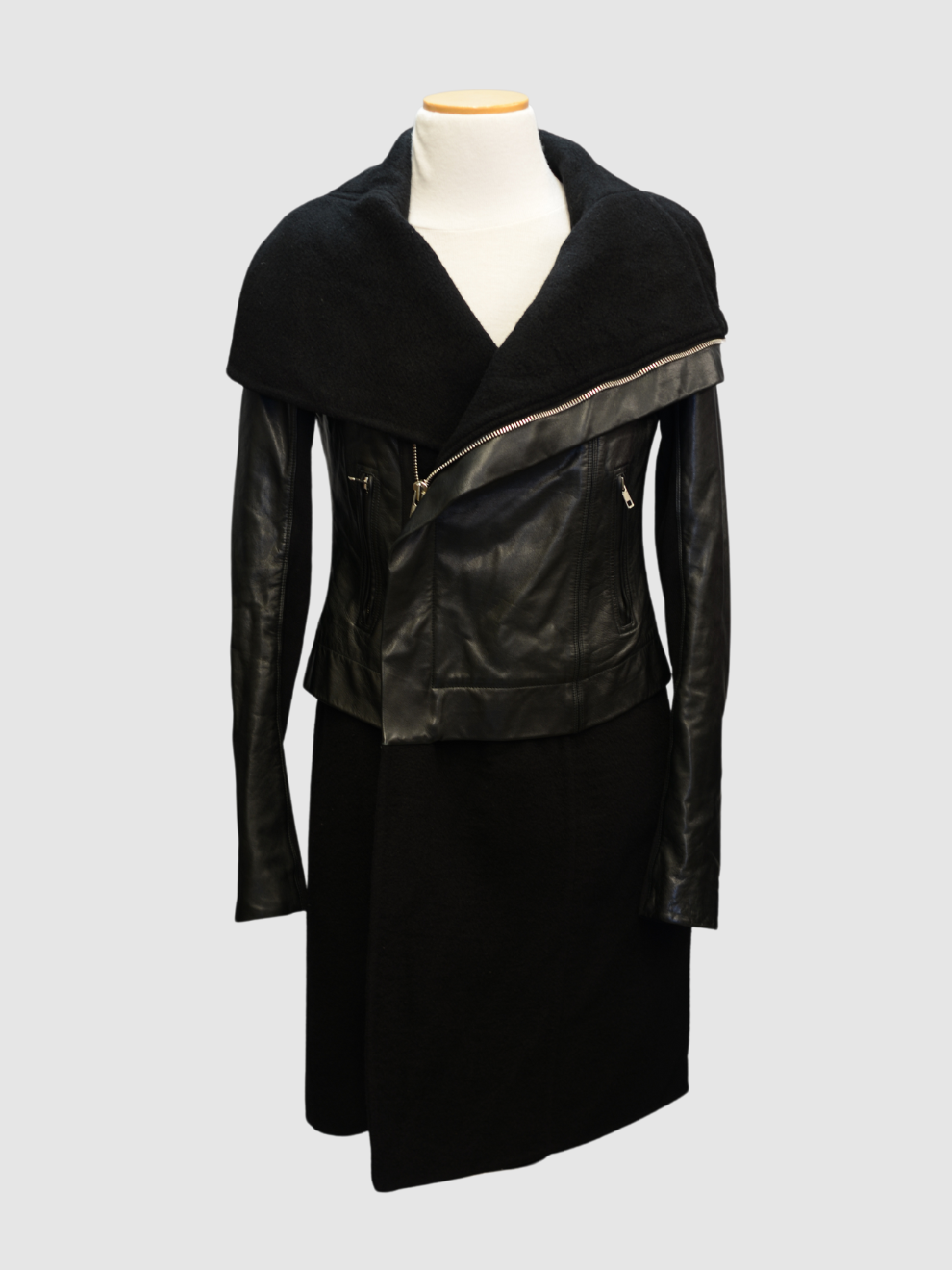 Schwarzer Leder-Kaschmirmantel von Rick Owens