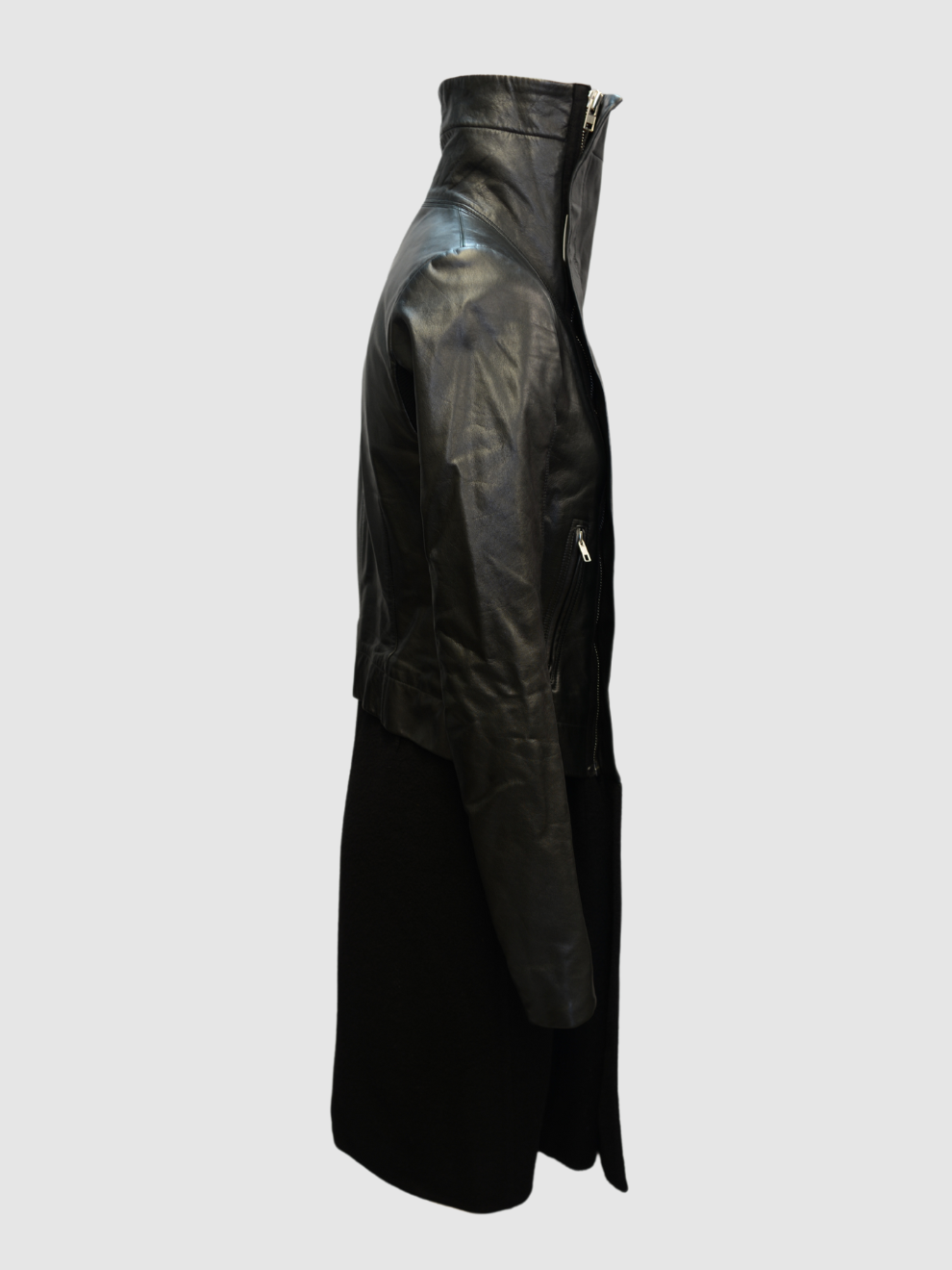 Schwarzer Leder-Kaschmirmantel von Rick Owens