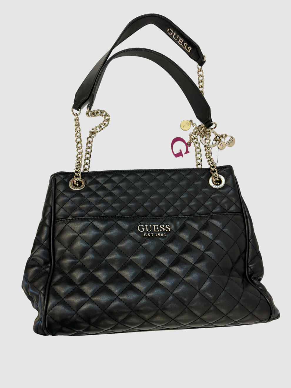 Schwarze gesteppte Tasche mit Ketten-Riemen von Guess