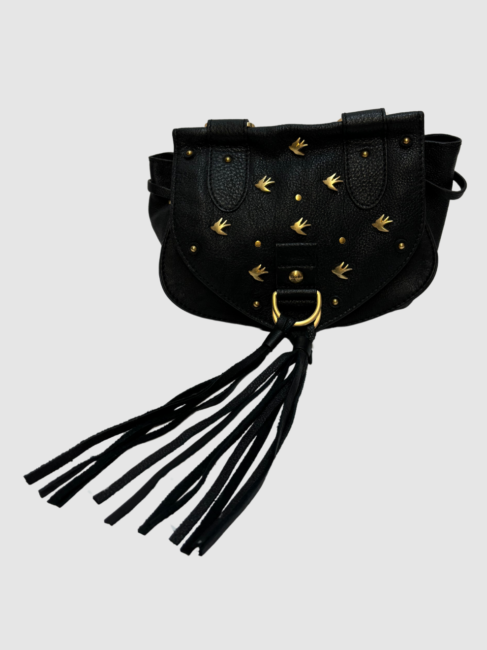 Schwarze kleine Crossbody-Tasche mit goldfarbenen Schwalben und Paspeln von See by Chloé