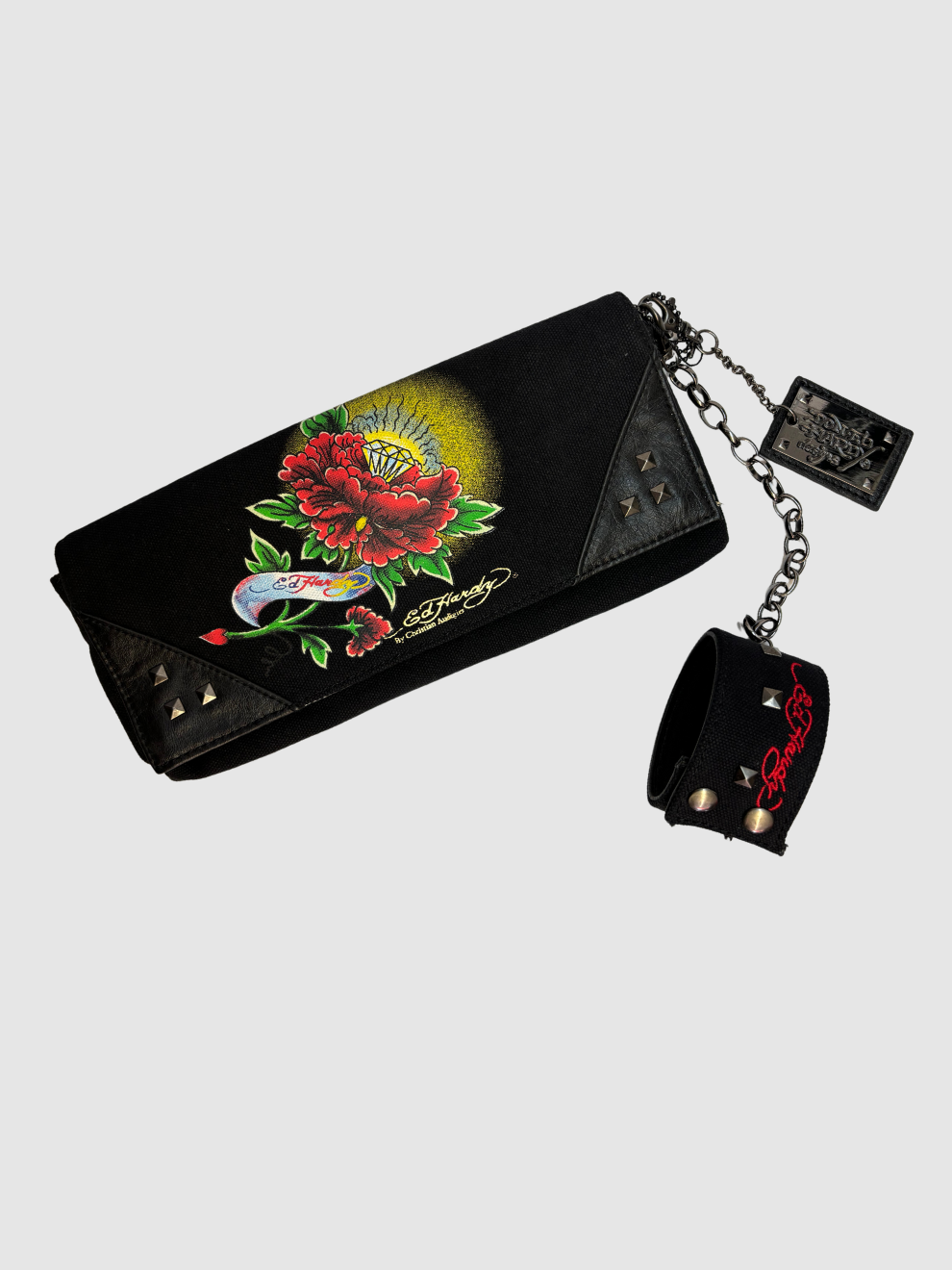 Schwarze Canvas-Clutch mit Rosen und Nieten von Ed Hardy