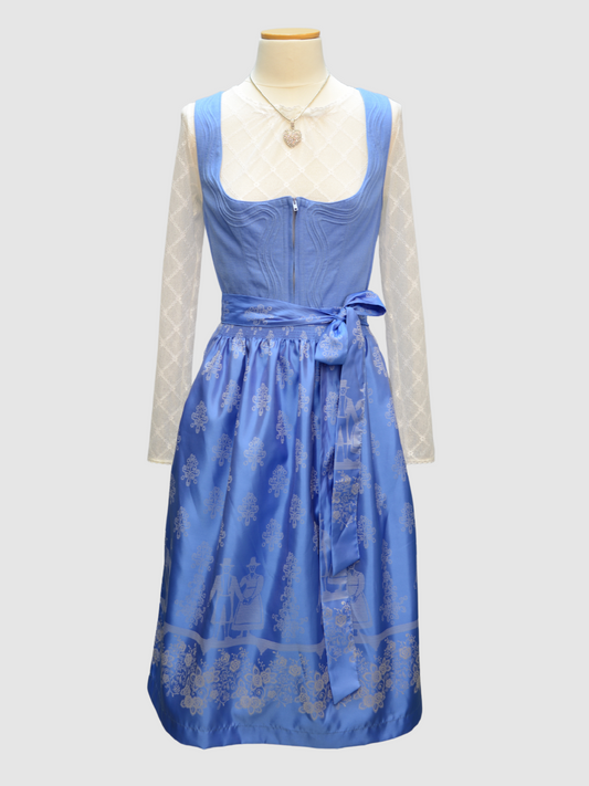 Blaues Dirndl mit Stickerei und Seidenschürze von Gamsbock